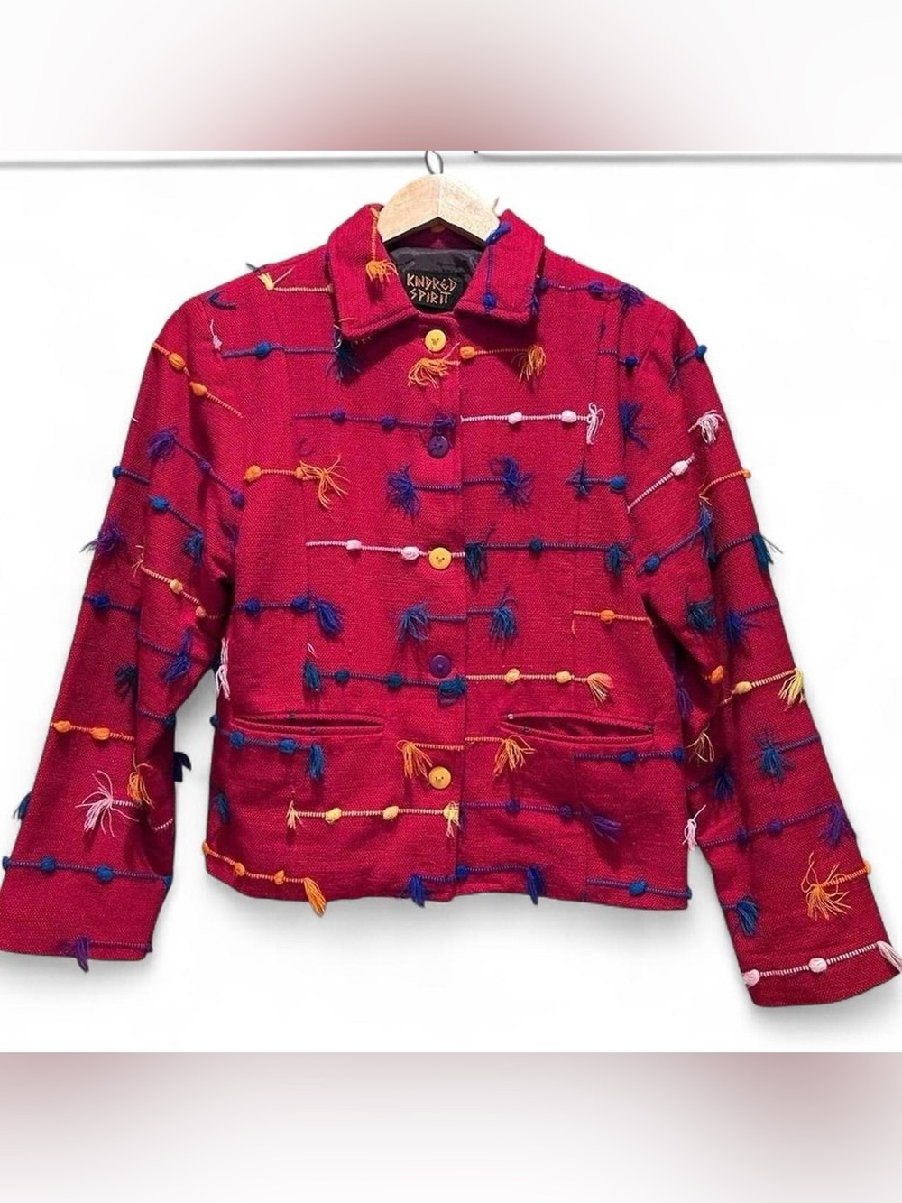 Kindred Spirit Embellished Tassel Jacket Boho‎ Vintage 90s Red Statement Coat M